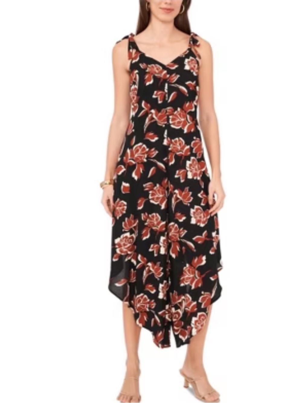 Vince Camino Black Floral Tie-Shoulder Assymetric Hem Wide Leg Jumpsuit